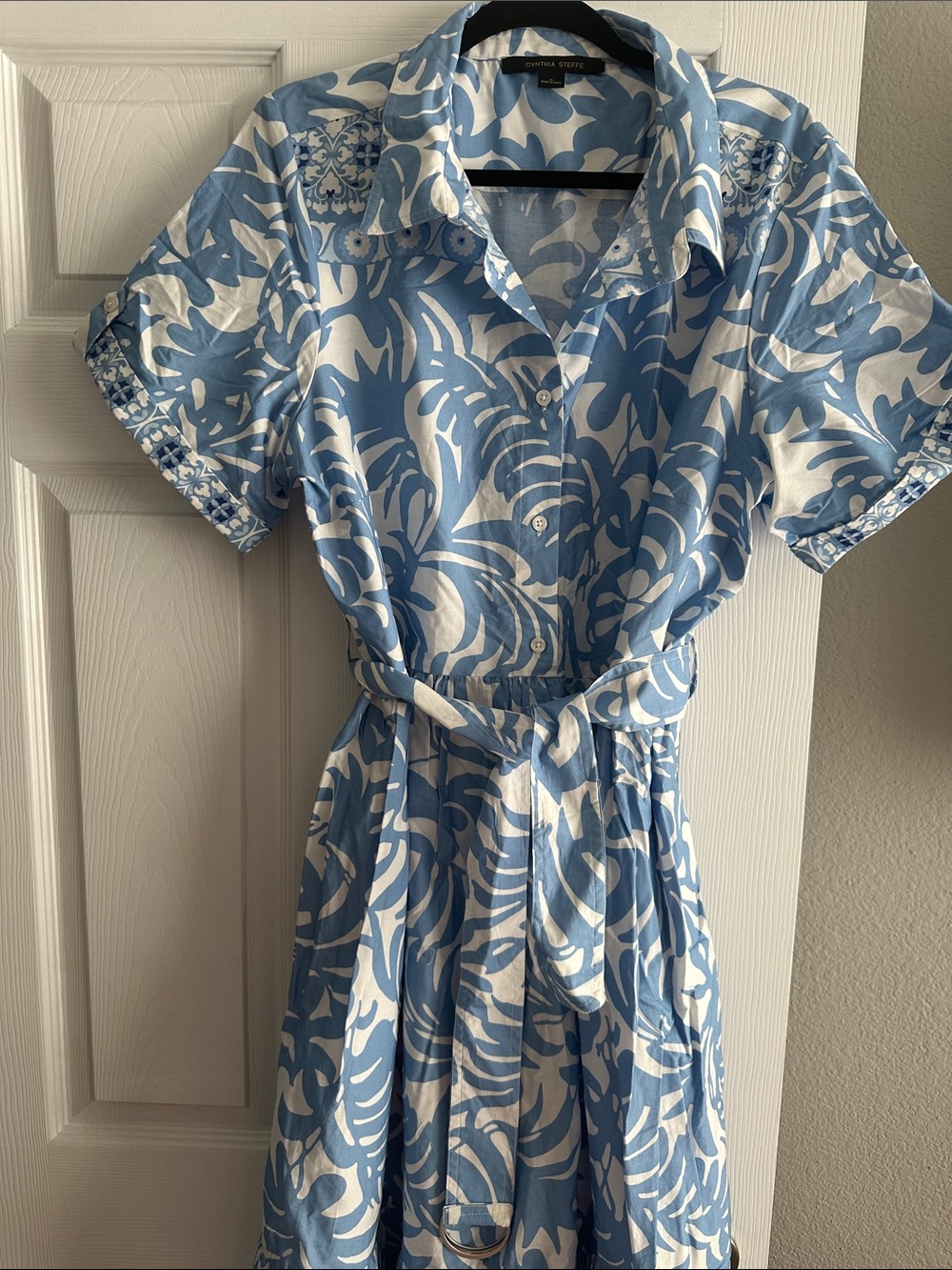 Cynthia Steffe Blue and White Floral-Print Maxi Shirt Dress with Belt - Picture 3 of 4